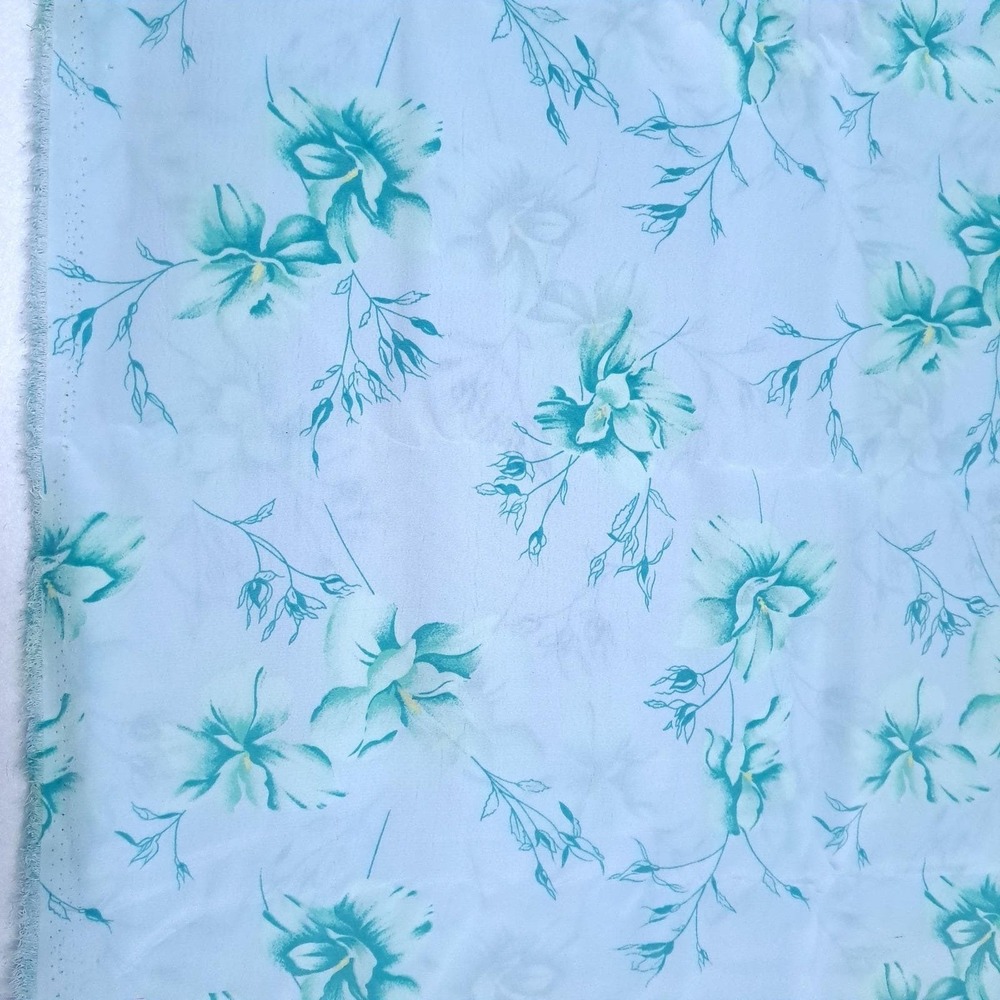 Vintage Floral Fabric Light Blue Teal Botanical Print 2.5 Yards Sewing Craft